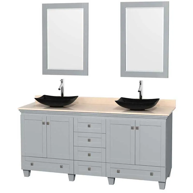 Acclaim 72" Double Bathroom Vanity in Oyster Gray, Ivory Marble Countertop, Arista Black Granite Sinks and 24" Mirrors