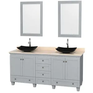 Acclaim 72" Double Bathroom Vanity in Oyster Gray, Ivory Marble Countertop, Arista Black Granite Sinks and 24" Mirrors