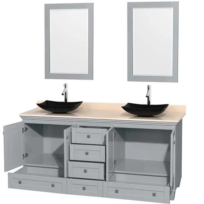 Acclaim 72" Double Bathroom Vanity in Oyster Gray, Ivory Marble Countertop, Arista Black Granite Sinks and 24" Mirrors