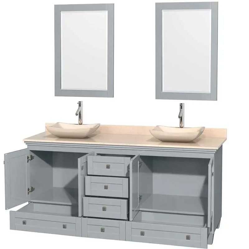 Acclaim 72" Double Bathroom Vanity in Oyster Gray, Ivory Marble Countertop, Avalon Ivory Marble Sinks and 24" Mirrors