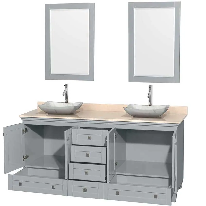 Acclaim 72" Double Bathroom Vanity in Oyster Gray, Ivory Marble Countertop, Avalon White Carrera Marble Sinks and 24" Mirrors