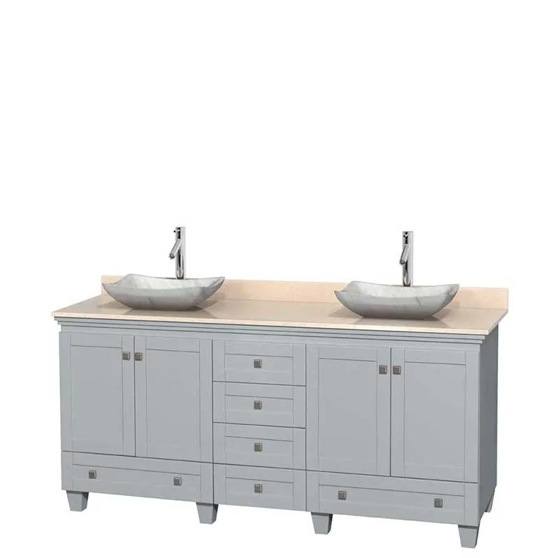 Acclaim 72" Double Bathroom Vanity in Oyster Gray, Ivory Marble Countertop, Avalon White Carrera Marble Sinks and No Mirrors