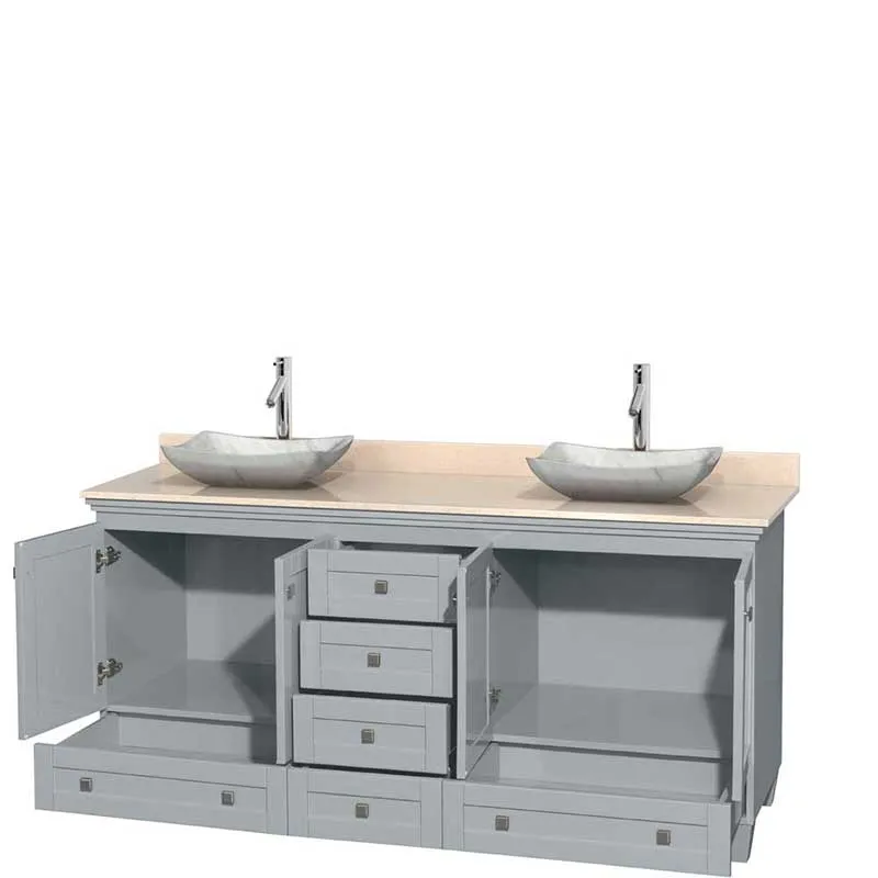 Acclaim 72" Double Bathroom Vanity in Oyster Gray, Ivory Marble Countertop, Avalon White Carrera Marble Sinks and No Mirrors