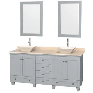 Acclaim 72" Double Bathroom Vanity in Oyster Gray, Ivory Marble Countertop, Pyra Bone Porcelain Sinks and 24" Mirrors