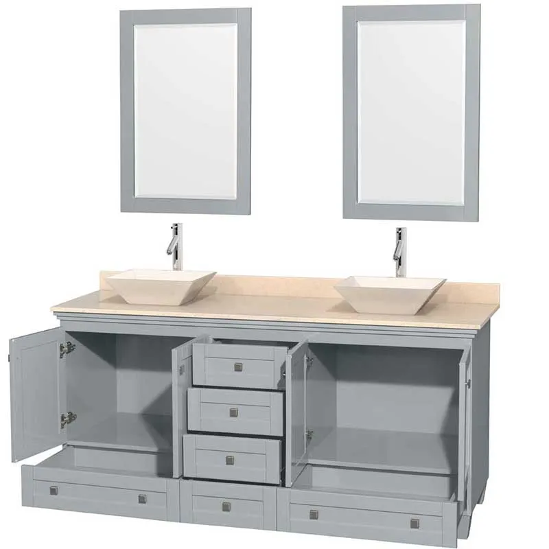 Acclaim 72" Double Bathroom Vanity in Oyster Gray, Ivory Marble Countertop, Pyra Bone Porcelain Sinks and 24" Mirrors