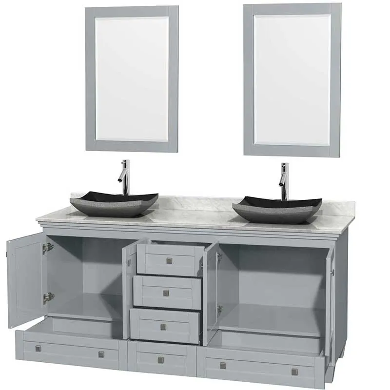 Acclaim 72" Double Bathroom Vanity in Oyster Gray, White Carrera Marble Countertop, Altair Black Granite Sinks and 24" Mirrors