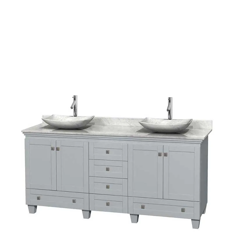 Acclaim 72" Double Bathroom Vanity in Oyster Gray, White Carrera Marble Countertop, Arista White Carrera Marble Sinks and No Mirrors