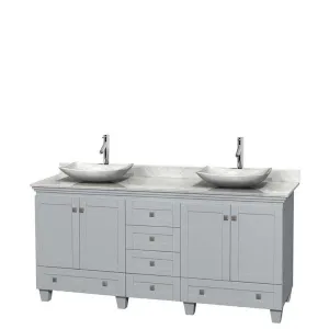 Acclaim 72" Double Bathroom Vanity in Oyster Gray, White Carrera Marble Countertop, Arista White Carrera Marble Sinks and No Mirrors