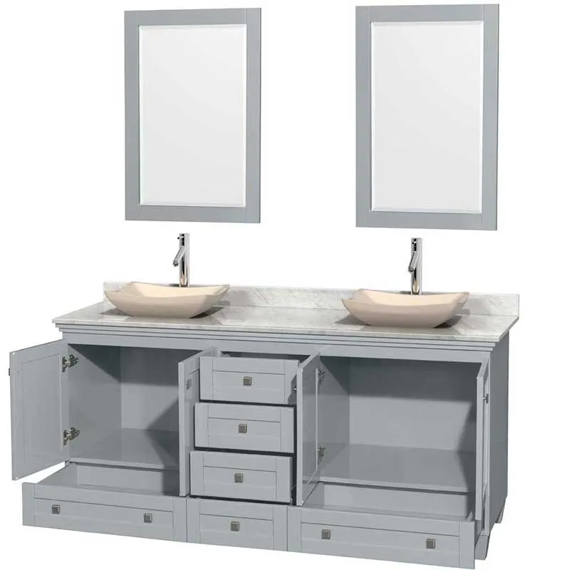 Acclaim 72" Double Bathroom Vanity in Oyster Gray, White Carrera Marble Countertop, Avalon Ivory Marble Sinks and 24" Mirrors