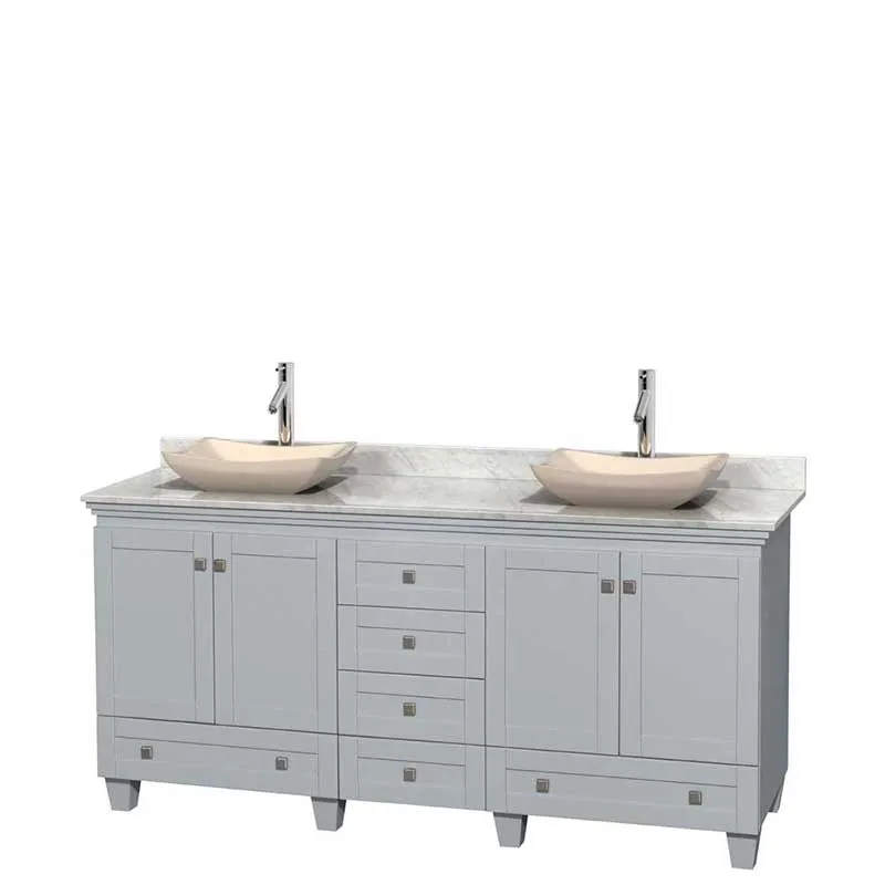 Acclaim 72" Double Bathroom Vanity in Oyster Gray, White Carrera Marble Countertop, Avalon Ivory Marble Sinks and No Mirrors
