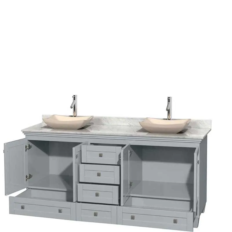 Acclaim 72" Double Bathroom Vanity in Oyster Gray, White Carrera Marble Countertop, Avalon Ivory Marble Sinks and No Mirrors