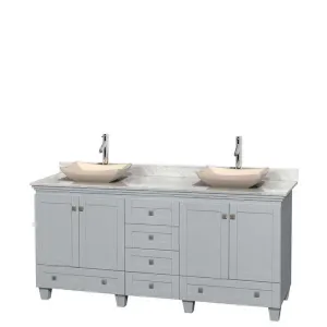 Acclaim 72" Double Bathroom Vanity in Oyster Gray, White Carrera Marble Countertop, Avalon Ivory Marble Sinks and No Mirrors