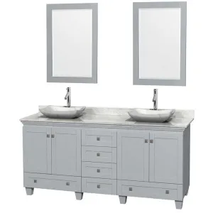 Acclaim 72" Double Bathroom Vanity in Oyster Gray, White Carrera Marble Countertop, Avalon White Carrera Marble Sinks and 24" Mirrors