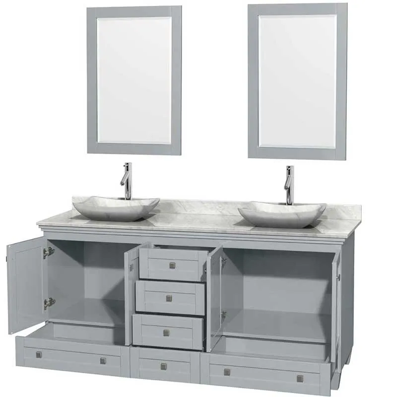 Acclaim 72" Double Bathroom Vanity in Oyster Gray, White Carrera Marble Countertop, Avalon White Carrera Marble Sinks and 24" Mirrors