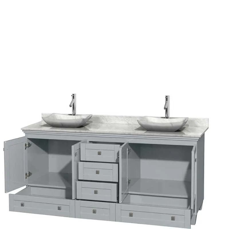 Acclaim 72" Double Bathroom Vanity in Oyster Gray, White Carrera Marble Countertop, Avalon White Carrera Marble Sinks and No Mirrors