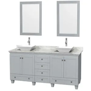 Acclaim 72" Double Bathroom Vanity in Oyster Gray, White Carrera Marble Countertop, Pyra White Porcelain Sinks and 24" Mirrors