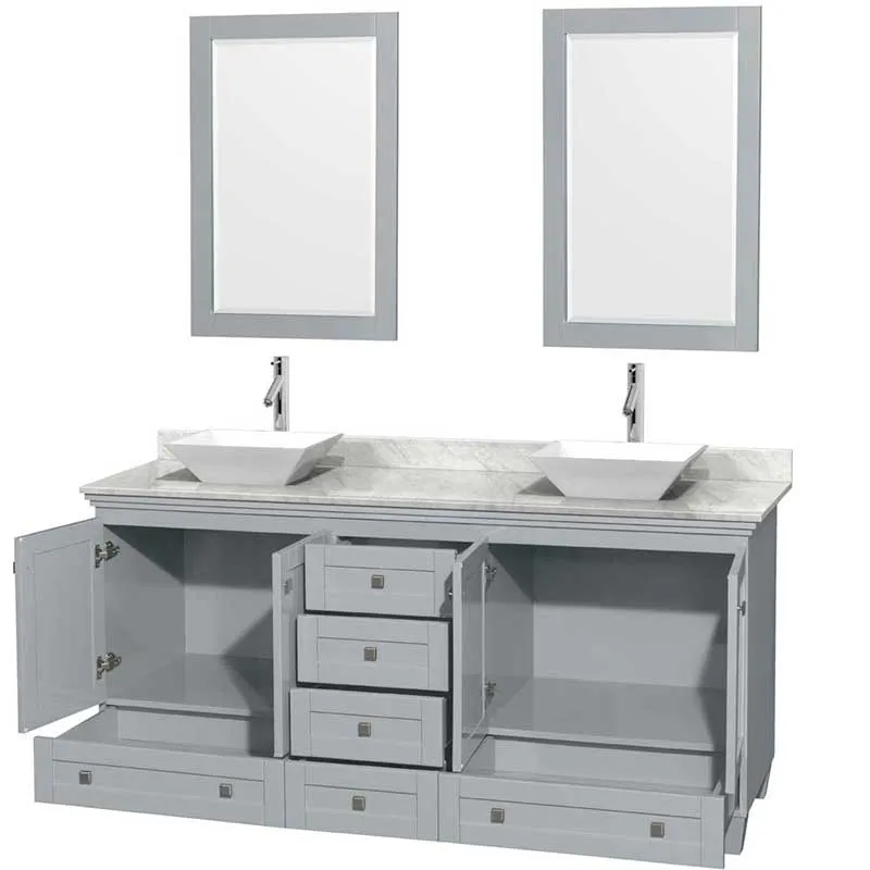 Acclaim 72" Double Bathroom Vanity in Oyster Gray, White Carrera Marble Countertop, Pyra White Porcelain Sinks and 24" Mirrors