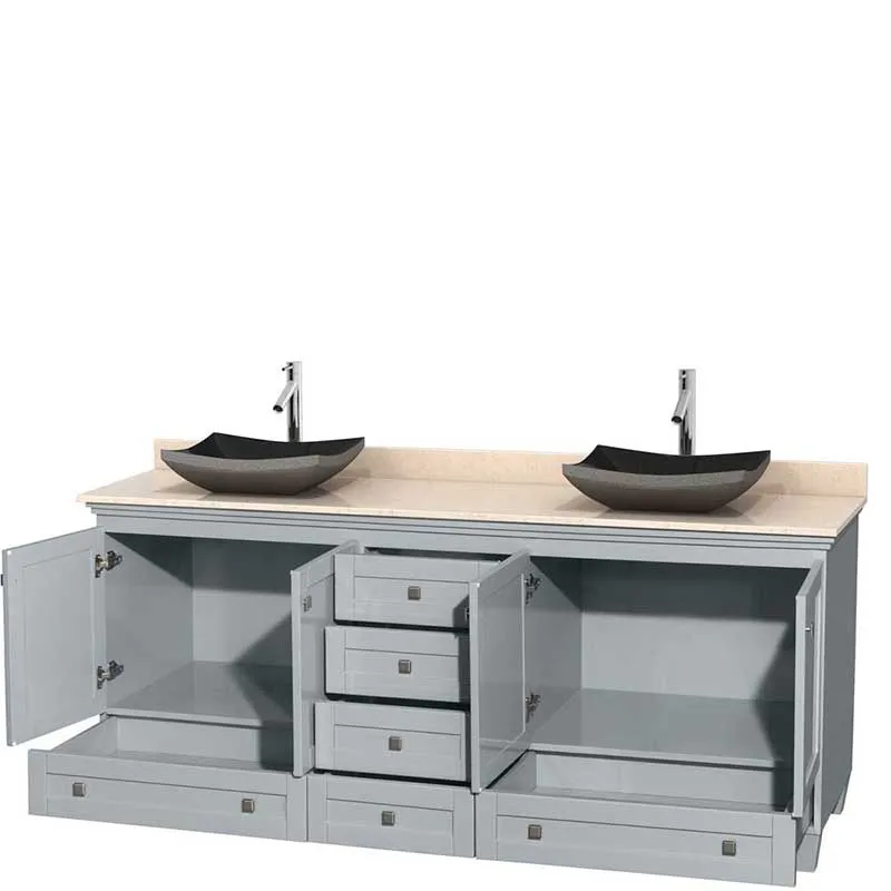 Acclaim 80" Double Bathroom Vanity in Oyster Gray, Ivory Marble Countertop, Altair Black Granite Sinks and No Mirrors