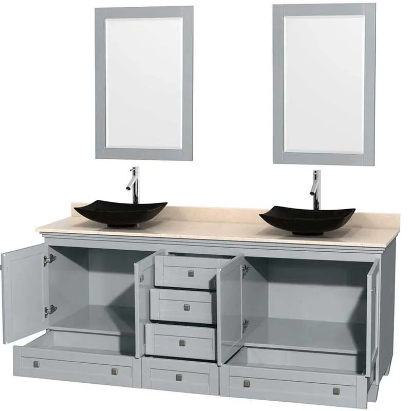Acclaim 80" Double Bathroom Vanity in Oyster Gray, Ivory Marble Countertop, Arista Black Granite Sinks and 24" Mirrors