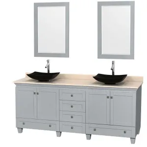 Acclaim 80" Double Bathroom Vanity in Oyster Gray, Ivory Marble Countertop, Arista Black Granite Sinks and 24" Mirrors