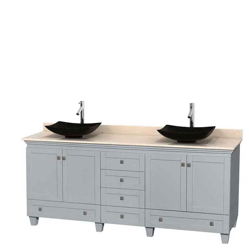 Acclaim 80" Double Bathroom Vanity in Oyster Gray, Ivory Marble Countertop, Arista Black Granite Sinks and No Mirrors