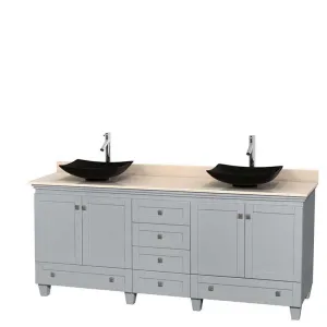 Acclaim 80" Double Bathroom Vanity in Oyster Gray, Ivory Marble Countertop, Arista Black Granite Sinks and No Mirrors