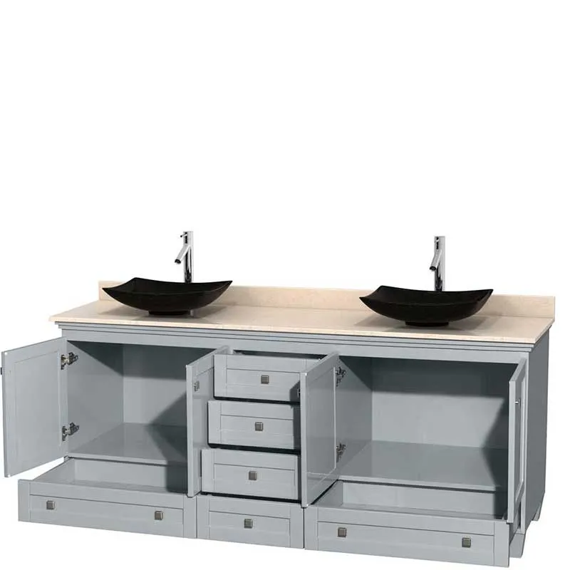 Acclaim 80" Double Bathroom Vanity in Oyster Gray, Ivory Marble Countertop, Arista Black Granite Sinks and No Mirrors