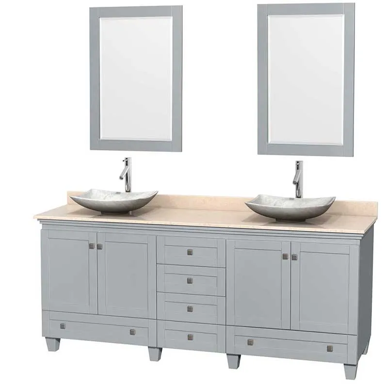 Acclaim 80" Double Bathroom Vanity in Oyster Gray, Ivory Marble Countertop, Arista White Carrera Marble Sinks and 24" Mirrors