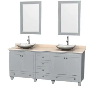 Acclaim 80" Double Bathroom Vanity in Oyster Gray, Ivory Marble Countertop, Arista White Carrera Marble Sinks and 24" Mirrors