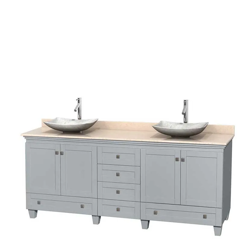 Acclaim 80" Double Bathroom Vanity in Oyster Gray, Ivory Marble Countertop, Arista White Carrera Marble Sinks and No Mirrors