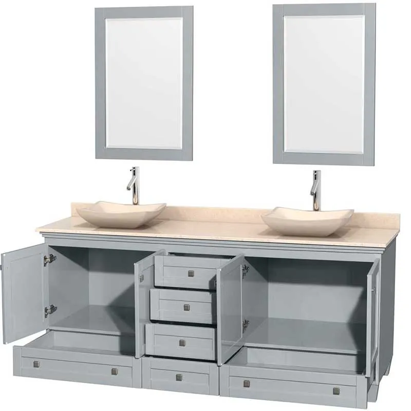 Acclaim 80" Double Bathroom Vanity in Oyster Gray, Ivory Marble Countertop, Avalon Ivory Marble Sinks and 24" Mirrors