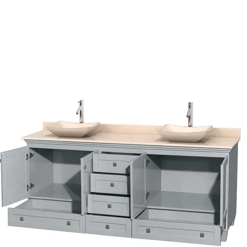Acclaim 80" Double Bathroom Vanity in Oyster Gray, Ivory Marble Countertop, Avalon Ivory Marble Sinks and No Mirrors
