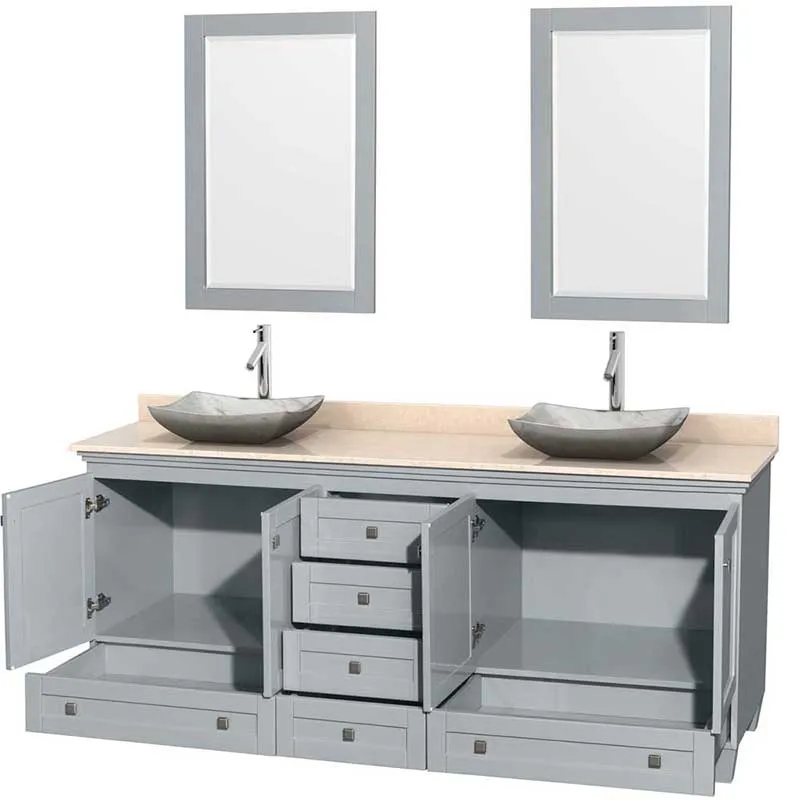 Acclaim 80" Double Bathroom Vanity in Oyster Gray, Ivory Marble Countertop, Avalon White Carrera Marble Sinks and 24" Mirrors