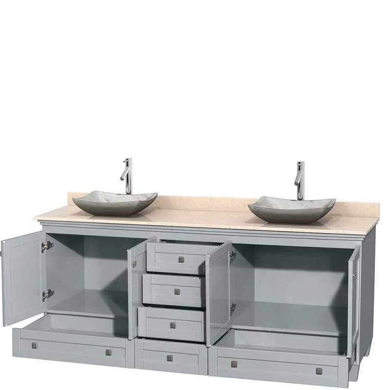 Acclaim 80" Double Bathroom Vanity in Oyster Gray, Ivory Marble Countertop, Avalon White Carrera Marble Sinks and No Mirrors