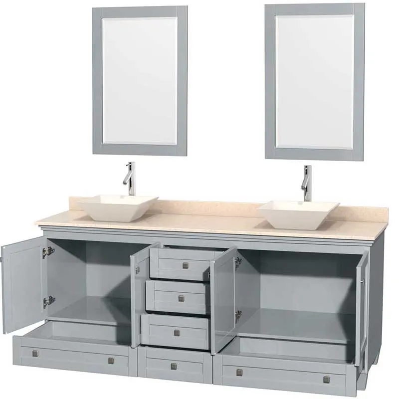 Acclaim 80" Double Bathroom Vanity in Oyster Gray, Ivory Marble Countertop, Pyra Bone Porcelain Sinks and 24" Mirrors