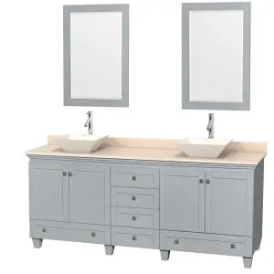 Acclaim 80" Double Bathroom Vanity in Oyster Gray, Ivory Marble Countertop, Pyra Bone Porcelain Sinks and 24" Mirrors