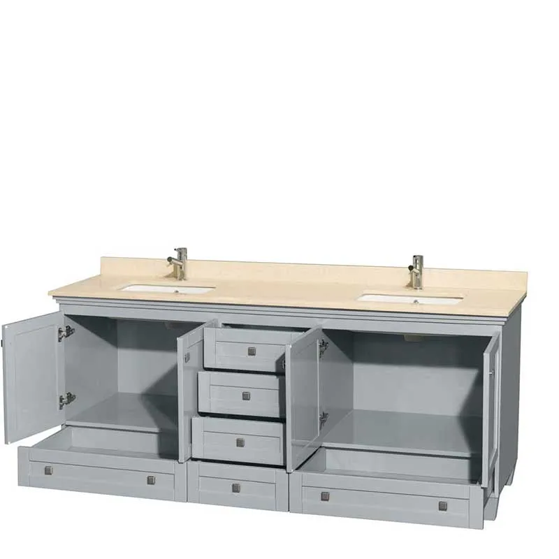 Acclaim 80" Double Bathroom Vanity in Oyster Gray, Ivory Marble Countertop, Undermount Square Sinks and No Mirrors