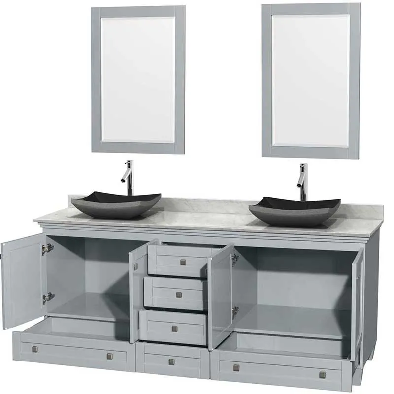 Acclaim 80" Double Bathroom Vanity in Oyster Gray, White Carrera Marble Countertop, Altair Black Granite Sinks and 24" Mirrors