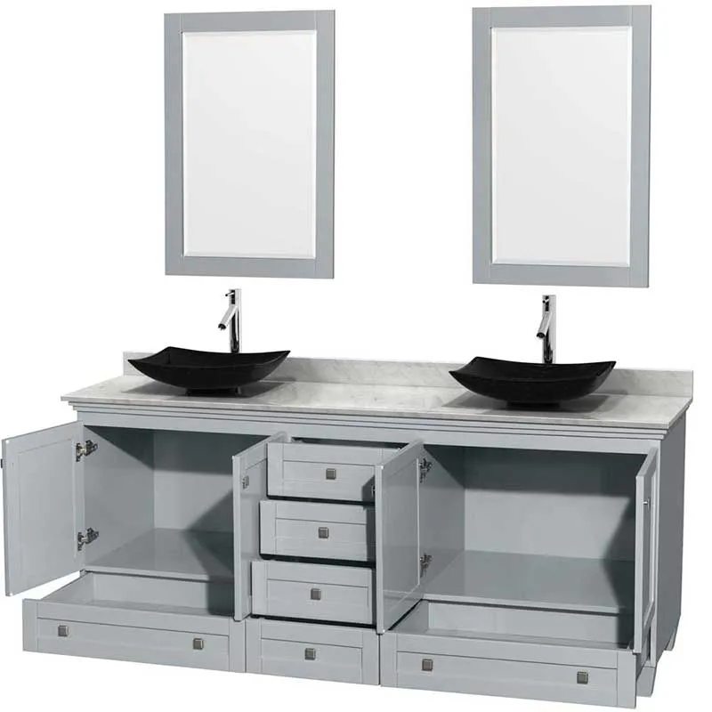 Acclaim 80" Double Bathroom Vanity in Oyster Gray, White Carrera Marble Countertop, Arista Black Granite Sinks and 24" Mirrors