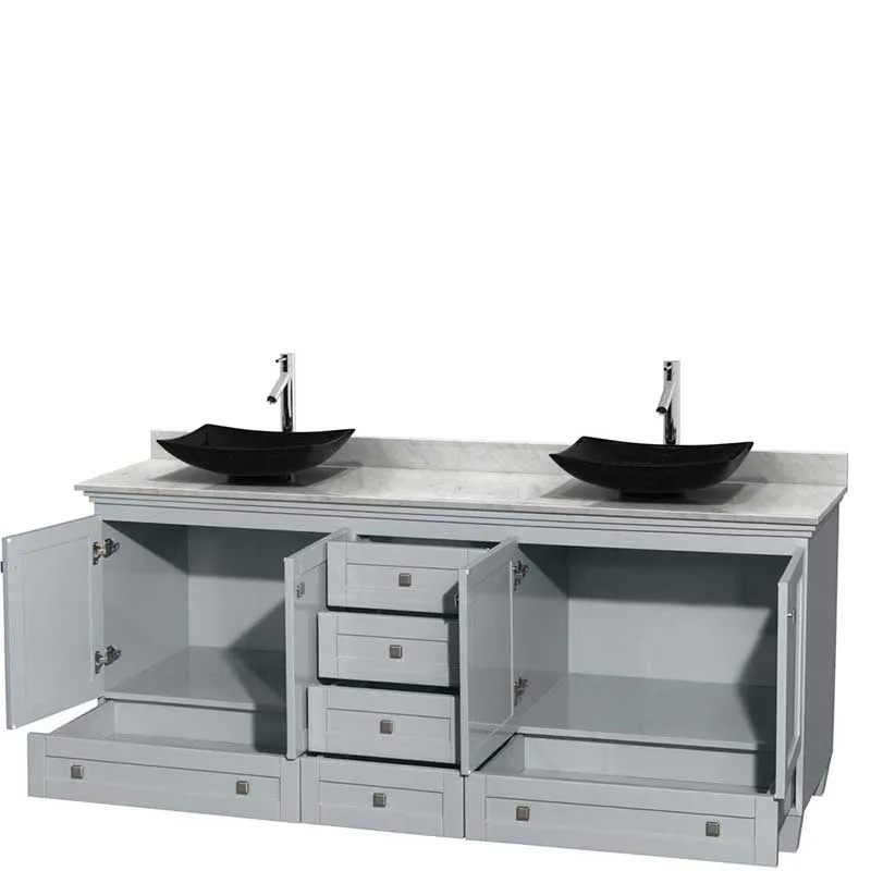 Acclaim 80" Double Bathroom Vanity in Oyster Gray, White Carrera Marble Countertop, Arista Black Granite Sinks and No Mirrors