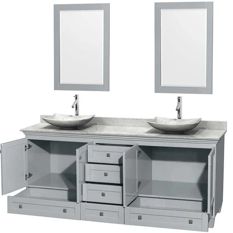 Acclaim 80" Double Bathroom Vanity in Oyster Gray, White Carrera Marble Countertop, Arista White Carrera Marble Sinks and 24" Mirrors