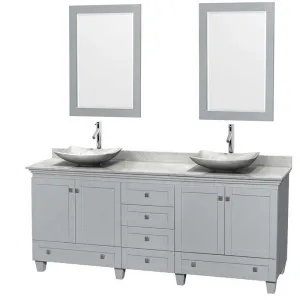 Acclaim 80" Double Bathroom Vanity in Oyster Gray, White Carrera Marble Countertop, Arista White Carrera Marble Sinks and 24" Mirrors