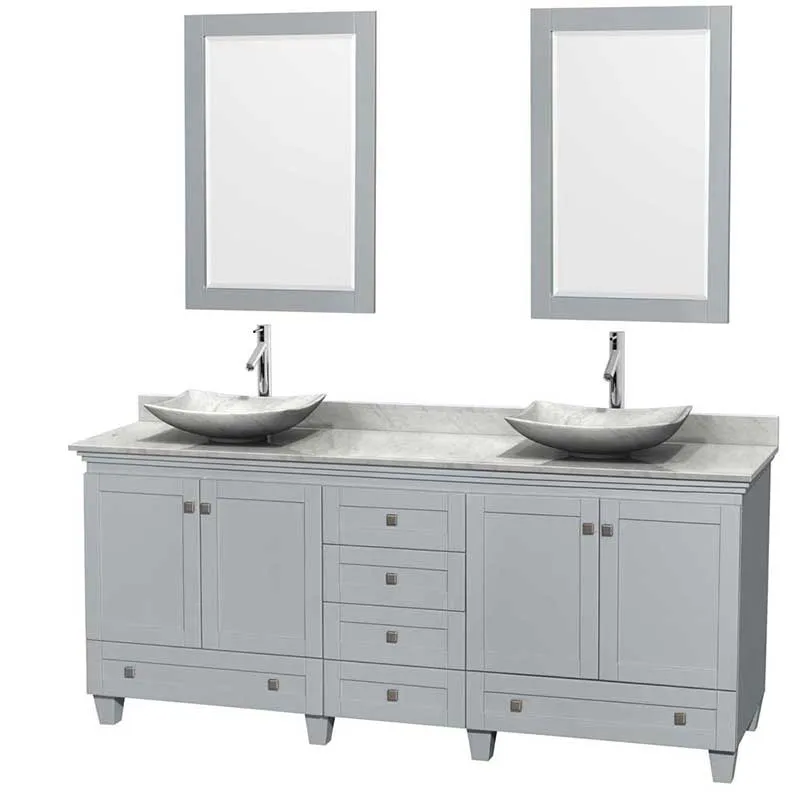Acclaim 80" Double Bathroom Vanity in Oyster Gray, White Carrera Marble Countertop, Arista White Carrera Marble Sinks and 24" Mirrors