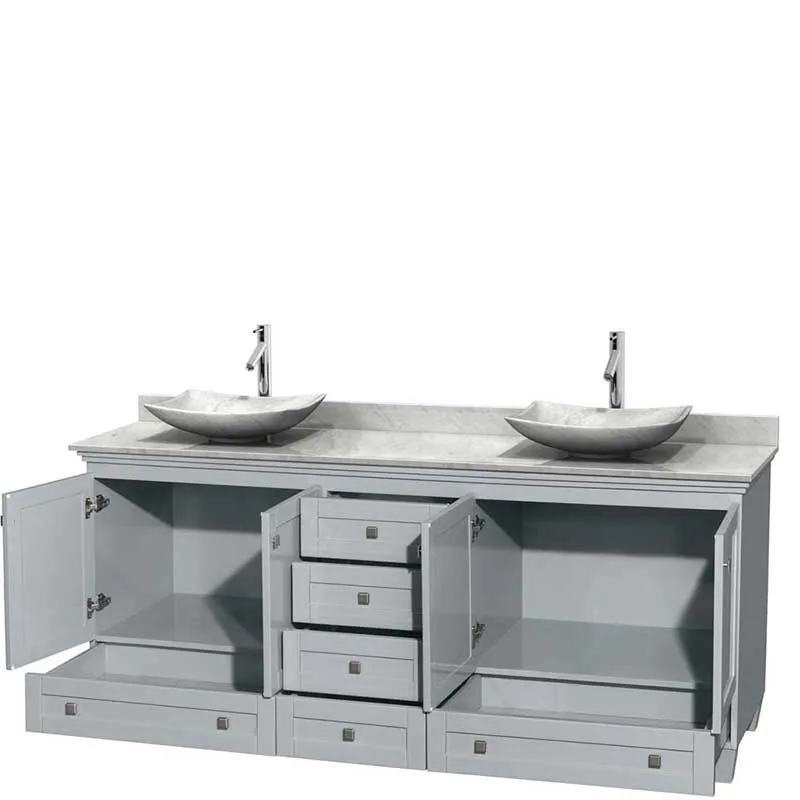 Acclaim 80" Double Bathroom Vanity in Oyster Gray, White Carrera Marble Countertop, Arista White Carrera Marble Sinks and No Mirrors
