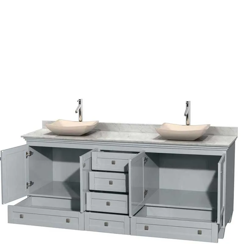Acclaim 80" Double Bathroom Vanity in Oyster Gray, White Carrera Marble Countertop, Avalon Ivory Marble Sinks and No Mirrors