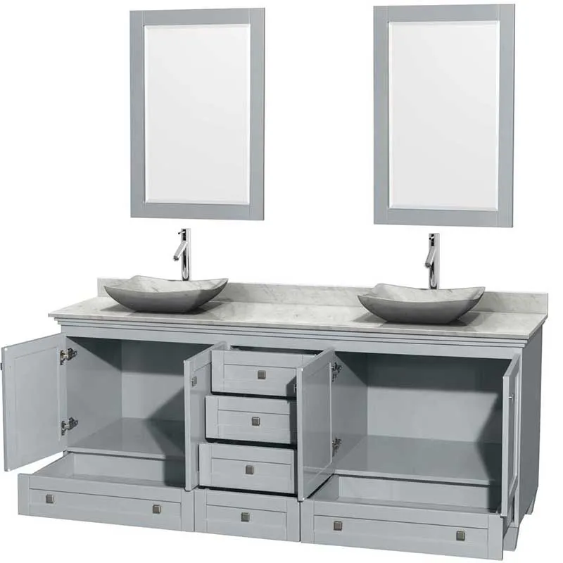 Acclaim 80" Double Bathroom Vanity in Oyster Gray, White Carrera Marble Countertop, Avalon White Carrera Marble Sinks and 24" Mirrors