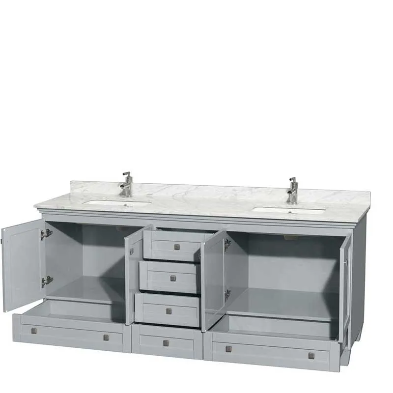 Acclaim 80" Double Bathroom Vanity in Oyster Gray, White Carrera Marble Countertop, Undermount Square Sinks and No Mirrors