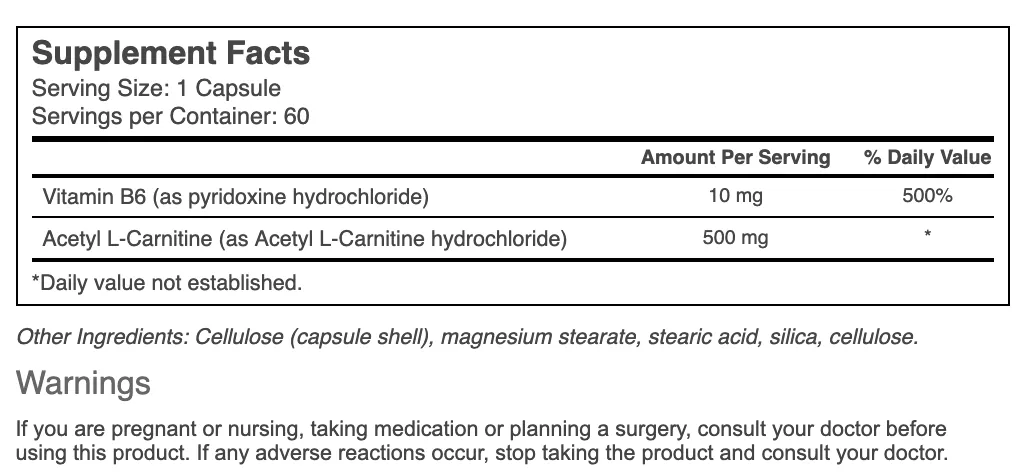 ACETYL L-CARNITINE 500 MG, 60 vcap