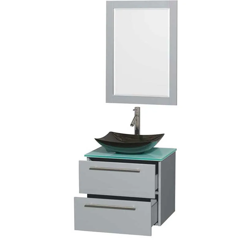 Amare 24" Single Bathroom Vanity in Dove Gray, Green Glass Countertop, Arista Black Granite Sink and 24" Mirror