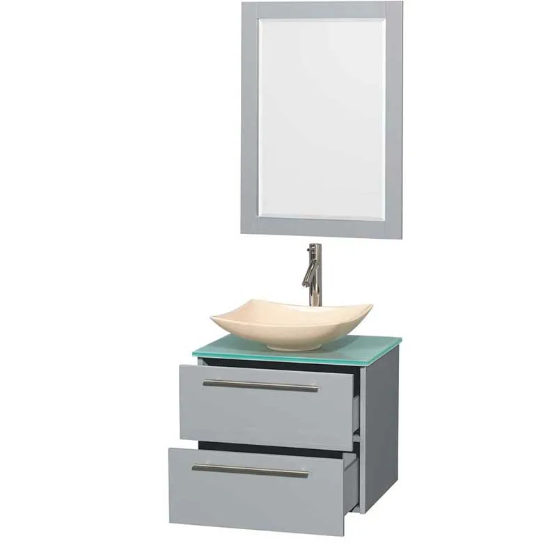 Amare 24" Single Bathroom Vanity in Dove Gray, Green Glass Countertop, Arista Ivory Marble Sink and 24" Mirror